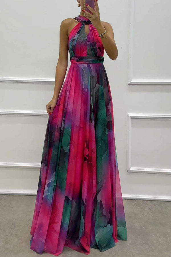 Elaine - Tüll-Maxikleid mit Blumendruck, Cut-Outs und Neckholder