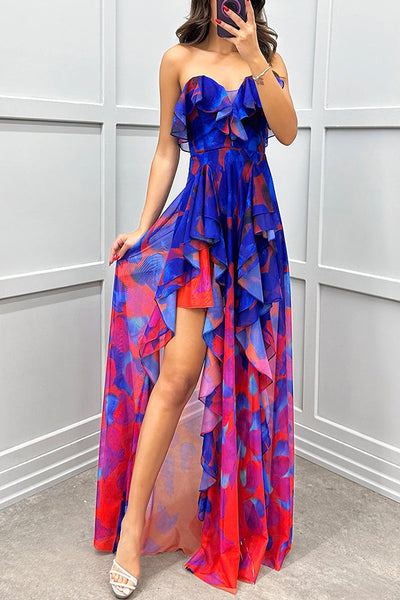 Georgia – Off-Shoulder Maxikleid mit Farbverlauf, Print, Volants und Schlitz