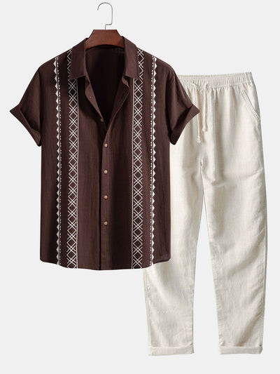 Geometrische Print Linnen Look Shirt & Rechte Pijpen Linnen Broek