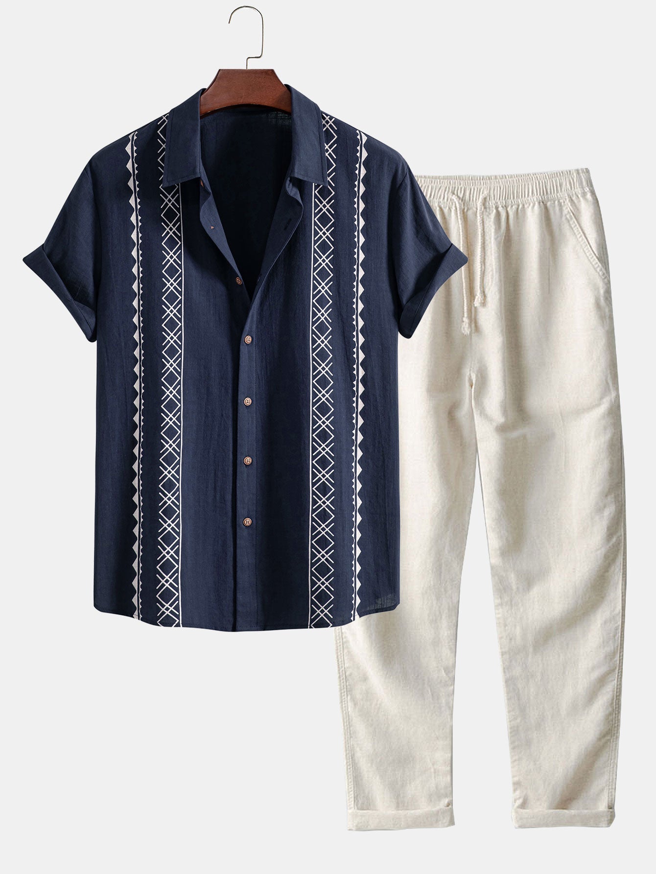 Geometrische Print Linnen Look Shirt & Rechte Pijpen Linnen Broek