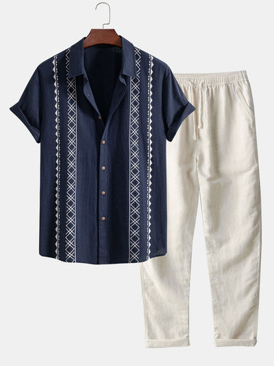 Geometrische Print Linnen Look Shirt & Rechte Pijpen Linnen Broek
