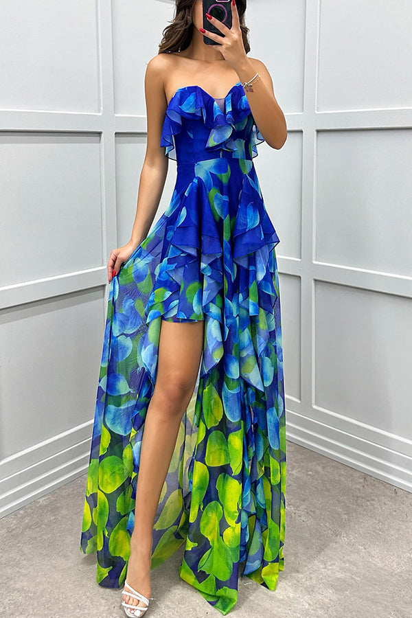 Georgia – Off-Shoulder Maxikleid mit Farbverlauf, Print, Volants und Schlitz