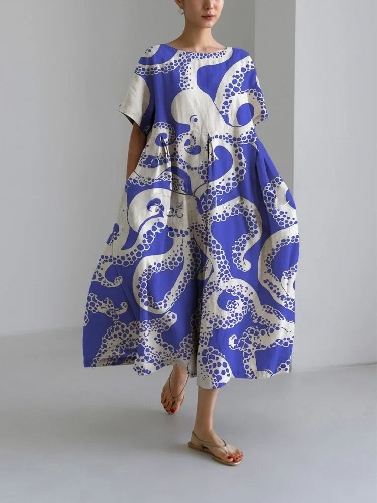Women's Fashion Blue Octopus Print Loose Round Neck Medium Length Skirt Dress