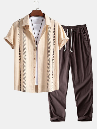 Geometrische Print Linnen Look Shirt & Rechte Pijpen Linnen Broek