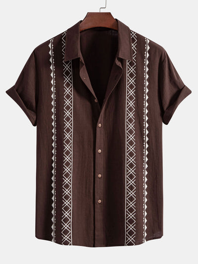 Geometrische Print Linnen Look Shirt & Rechte Pijpen Linnen Broek