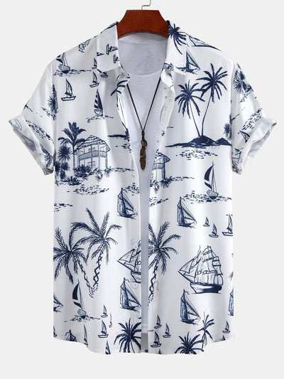 Island Sailing Print Button Up Shirt & Striped Print Swim Shorts