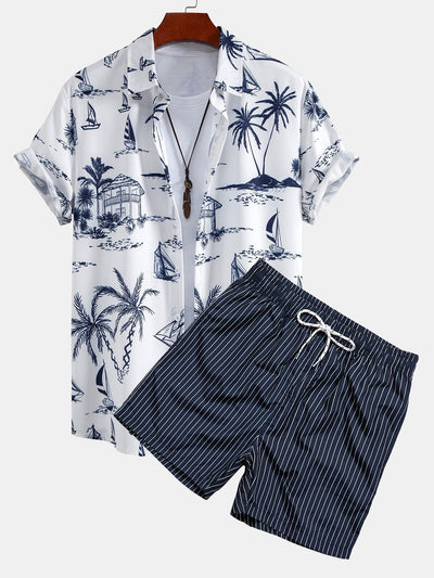 Island Sailing Print Button Up Shirt & Striped Print Swim Shorts