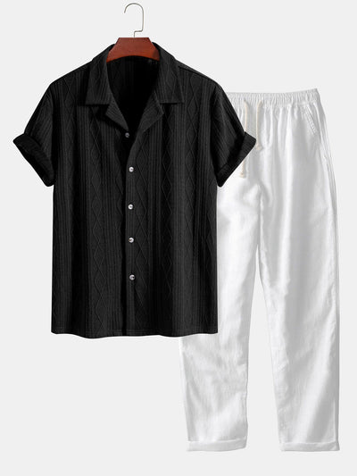 Knitted Geometric Rhombus Jacquard Cuban Shirt & Straight Leg Linen Pants
