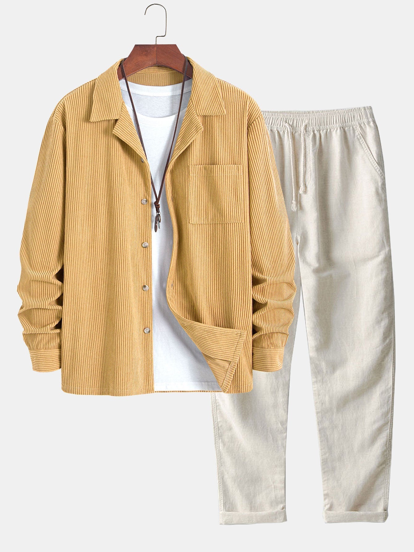 Long Sleeve Corduroy Cuban Collar Shirt & Straight Leg Linen Pants