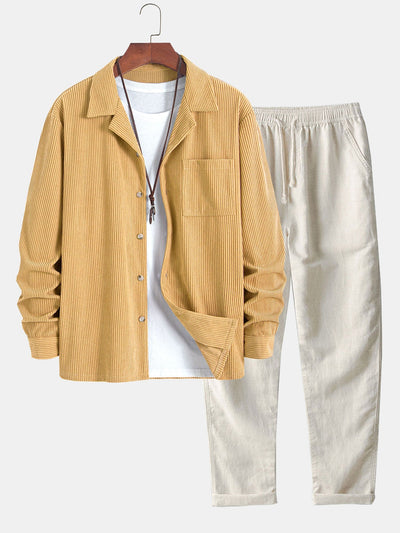 Long Sleeve Corduroy Cuban Collar Shirt & Straight Leg Linen Pants