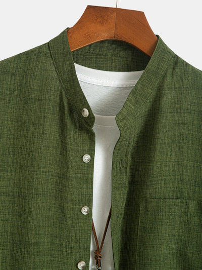 Long Sleeve Stand Collar Shirt & Straight Leg Linen Pants