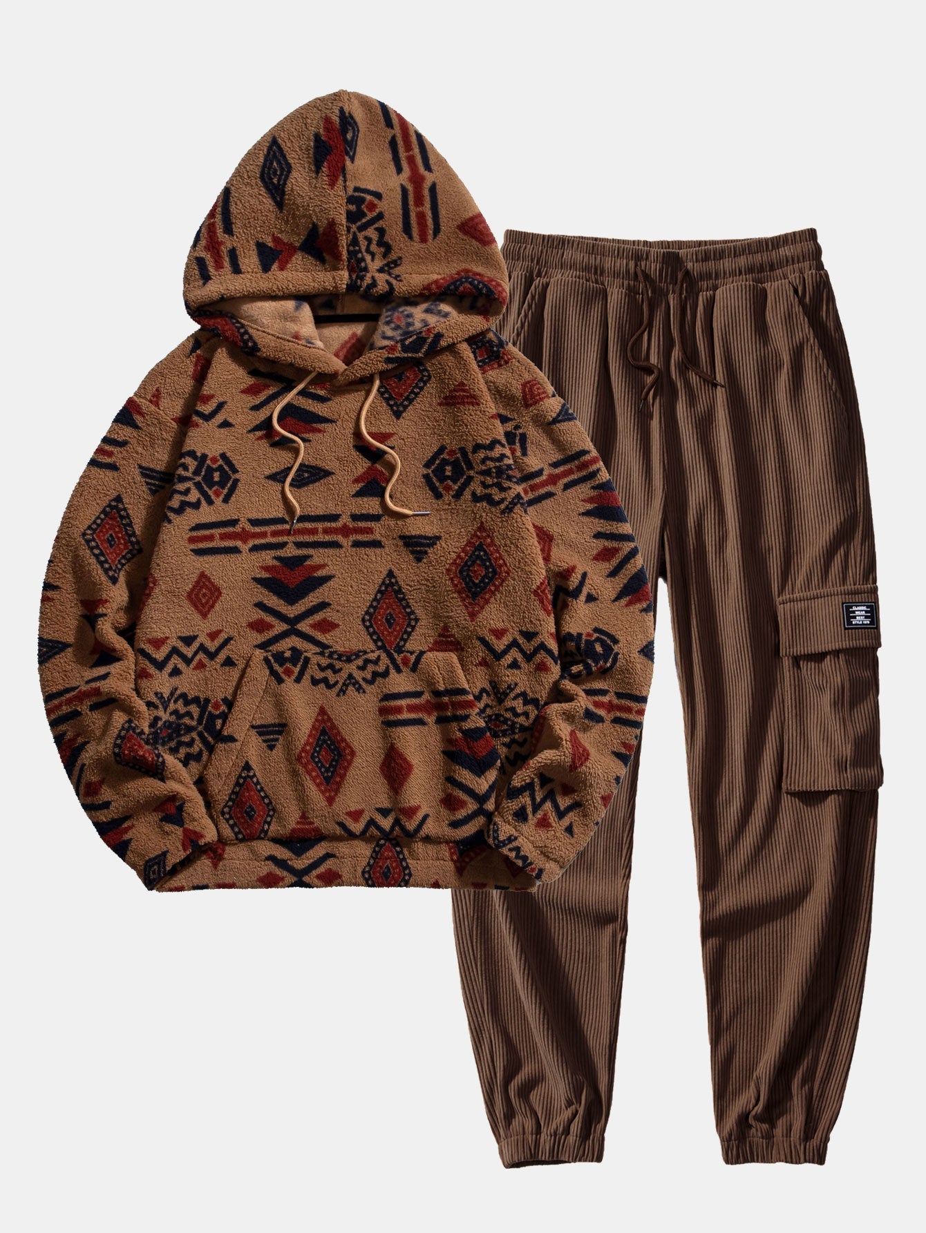 Aztec Print Teddy Hoodie & Drawstring Corduroy Cargo Jogger Pants