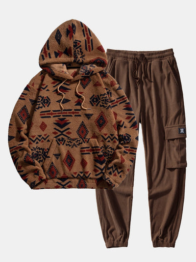 Aztec Print Teddy Hoodie & Drawstring Corduroy Cargo Jogger Pants