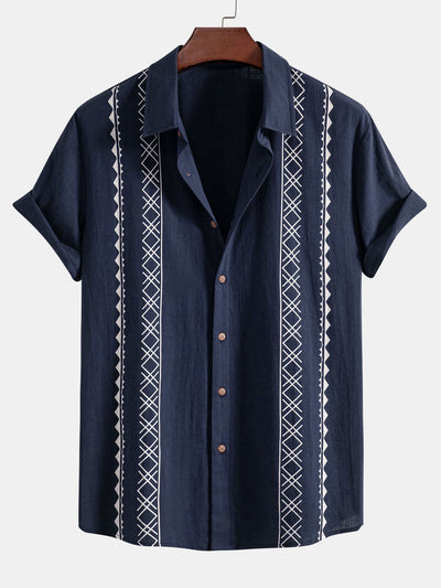 Geometrische Print Linnen Look Shirt & Rechte Pijpen Linnen Broek