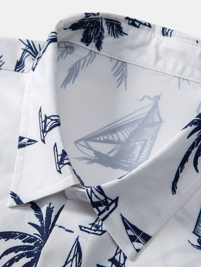 Island Sailing Print Button Up Shirt & Striped Print Swim Shorts