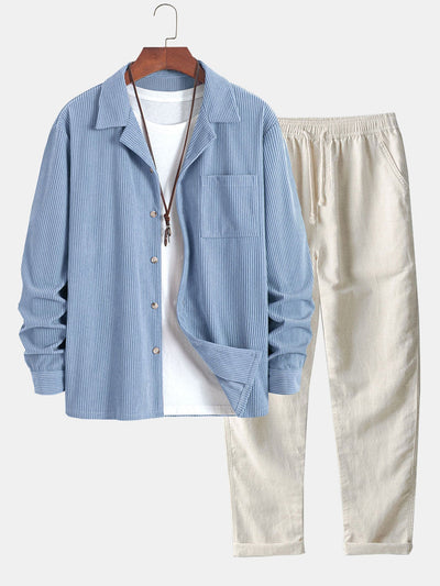 Long Sleeve Corduroy Cuban Collar Shirt & Straight Leg Linen Pants