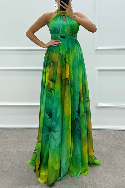 Elaine - Tüll-Maxikleid mit Blumendruck, Cut-Outs und Neckholder