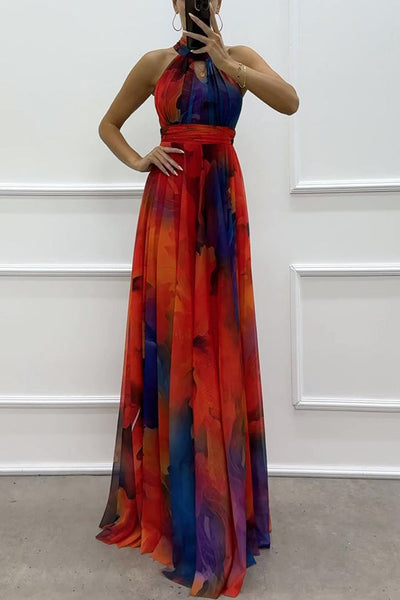 Elaine - Tüll-Maxikleid mit Blumendruck, Cut-Outs und Neckholder