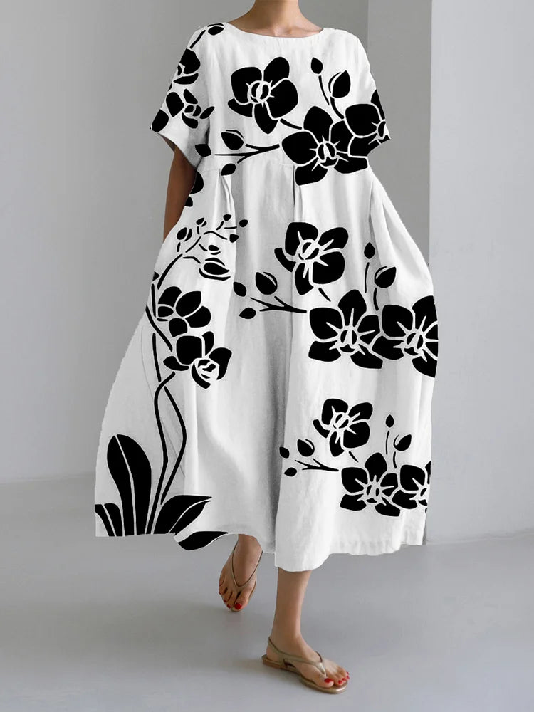 Robe ample noire élégante et décontractée à fleurs 