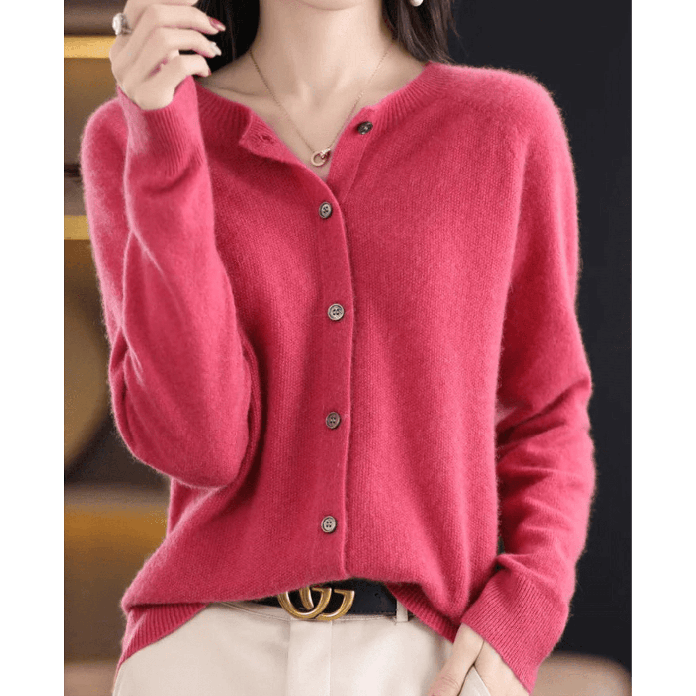 Pure Merino Wool-like Ladies O-neck Cardigan Cashmere-like Sweater