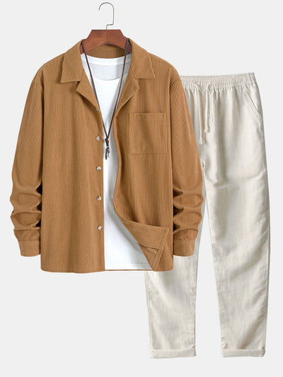 Long Sleeve Corduroy Cuban Collar Shirt & Straight Leg Linen Pants