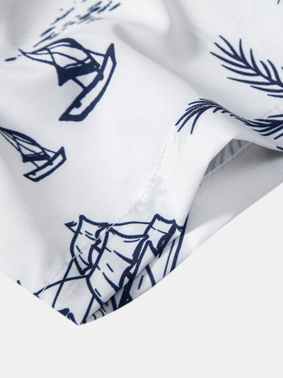 Island Sailing Print Button Up Shirt & Striped Print Swim Shorts