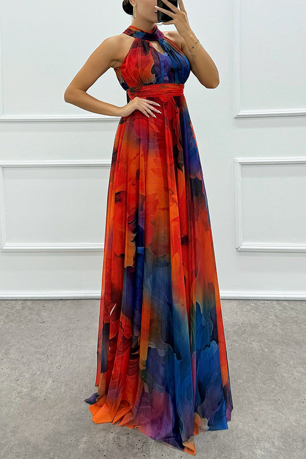 Elaine - Tüll-Maxikleid mit Blumendruck, Cut-Outs und Neckholder