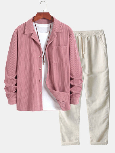 Long Sleeve Corduroy Cuban Collar Shirt & Straight Leg Linen Pants