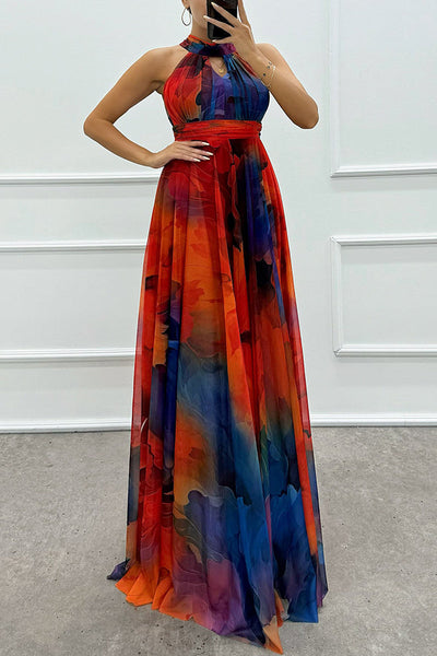 Elaine - Tüll-Maxikleid mit Blumendruck, Cut-Outs und Neckholder