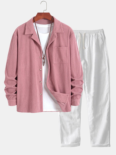 Long Sleeve Corduroy Cuban Collar Shirt & Straight Leg Linen Pants