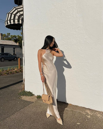 Faelith ™ | Satin Halterneck Backless Maxi Dress