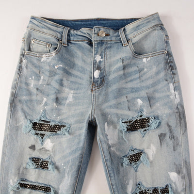Ice Wash Distressed Patch Jeans