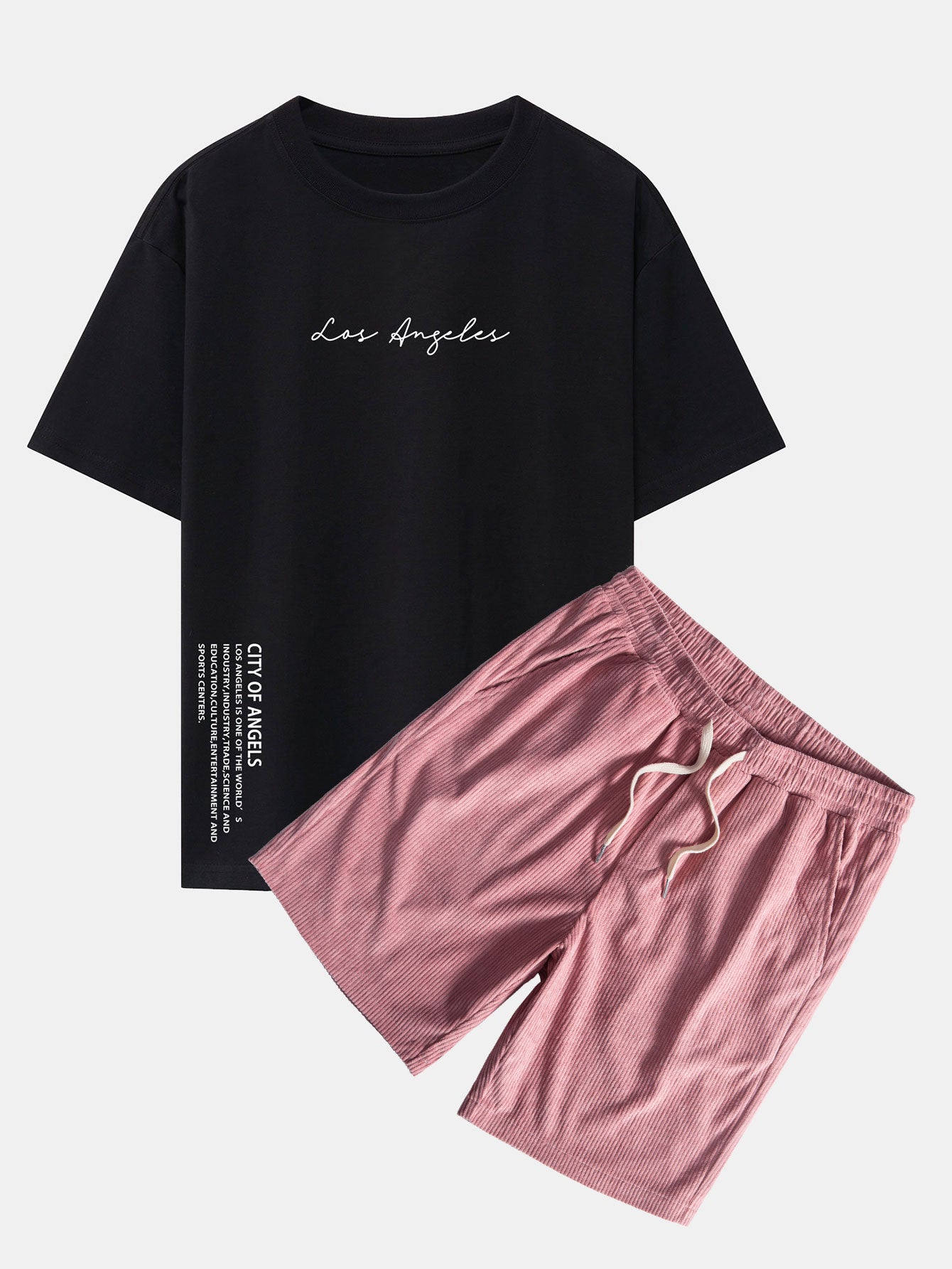 Los Angeles Print Drop Shoulder Oversize T-Shirt & Corduroy Drawstring Shorts