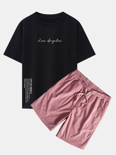 Los Angeles Print Drop Shoulder Oversize T-Shirt & Corduroy Drawstring Shorts