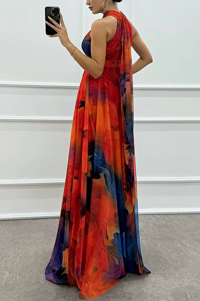 Elaine - Tüll-Maxikleid mit Blumendruck, Cut-Outs und Neckholder