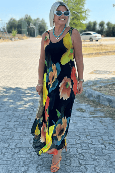 Ivy™ - Elegant floral print maxi dress in chiffon and silk