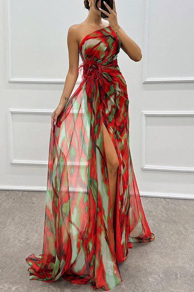 Claudia - Off-shoulder maxi jurk met aquarelprint, verenrozen & split