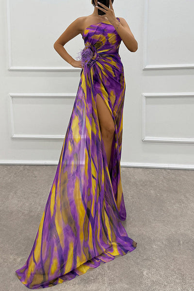 Claudia - Off-shoulder maxi jurk met aquarelprint, verenrozen & split