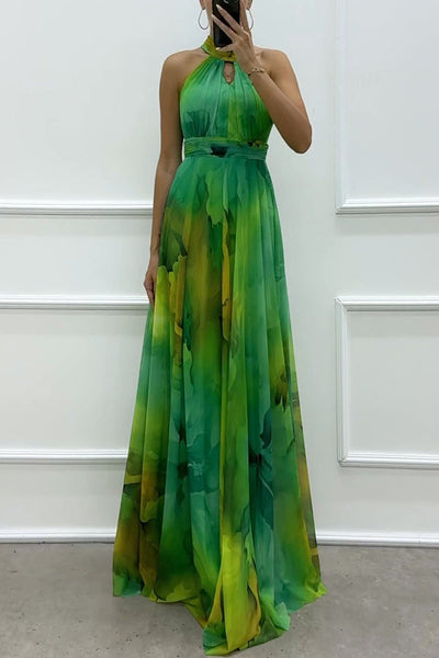 Elaine - Tüll-Maxikleid mit Blumendruck, Cut-Outs und Neckholder
