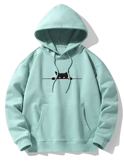 Black Cat Print Drop Shoulder Relaxed Hoodie