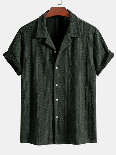 Knitted Geometric Rhombus Jacquard Cuban Shirt & Straight Leg Linen Pants