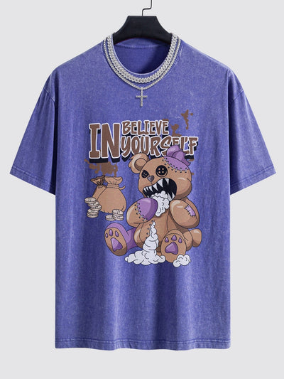 Violent Bear Slogan Print Washed Drop Shoulder Oversize T-Shirt