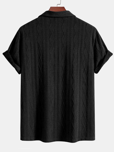 Knitted Geometric Rhombus Jacquard Cuban Shirt & Straight Leg Linen Pants