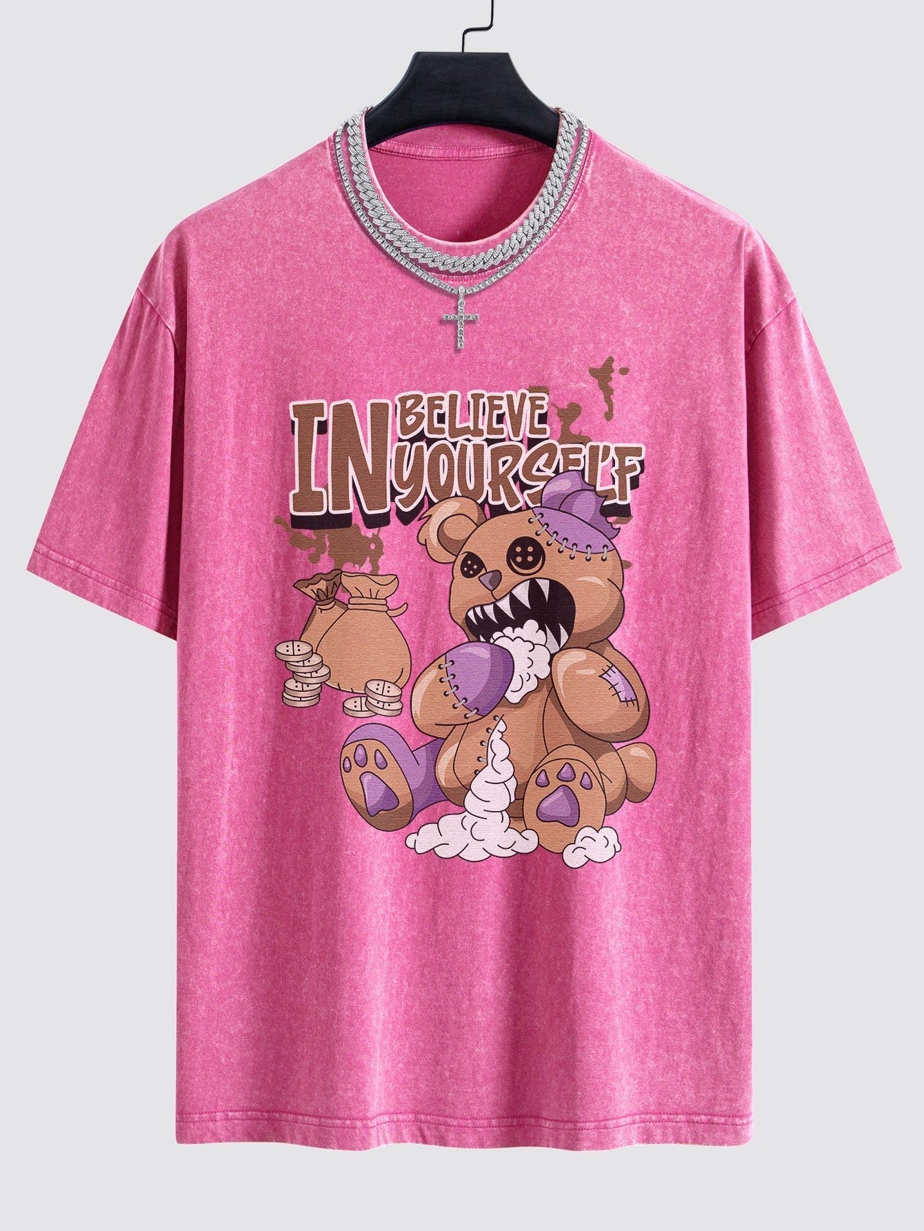 Violent Bear Slogan Print Washed Drop Shoulder Oversize T-Shirt