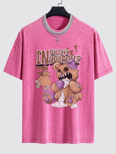 Violent Bear Slogan Print Washed Drop Shoulder Oversize T-Shirt