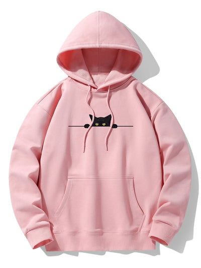 Black Cat Print Drop Shoulder Relaxed Hoodie