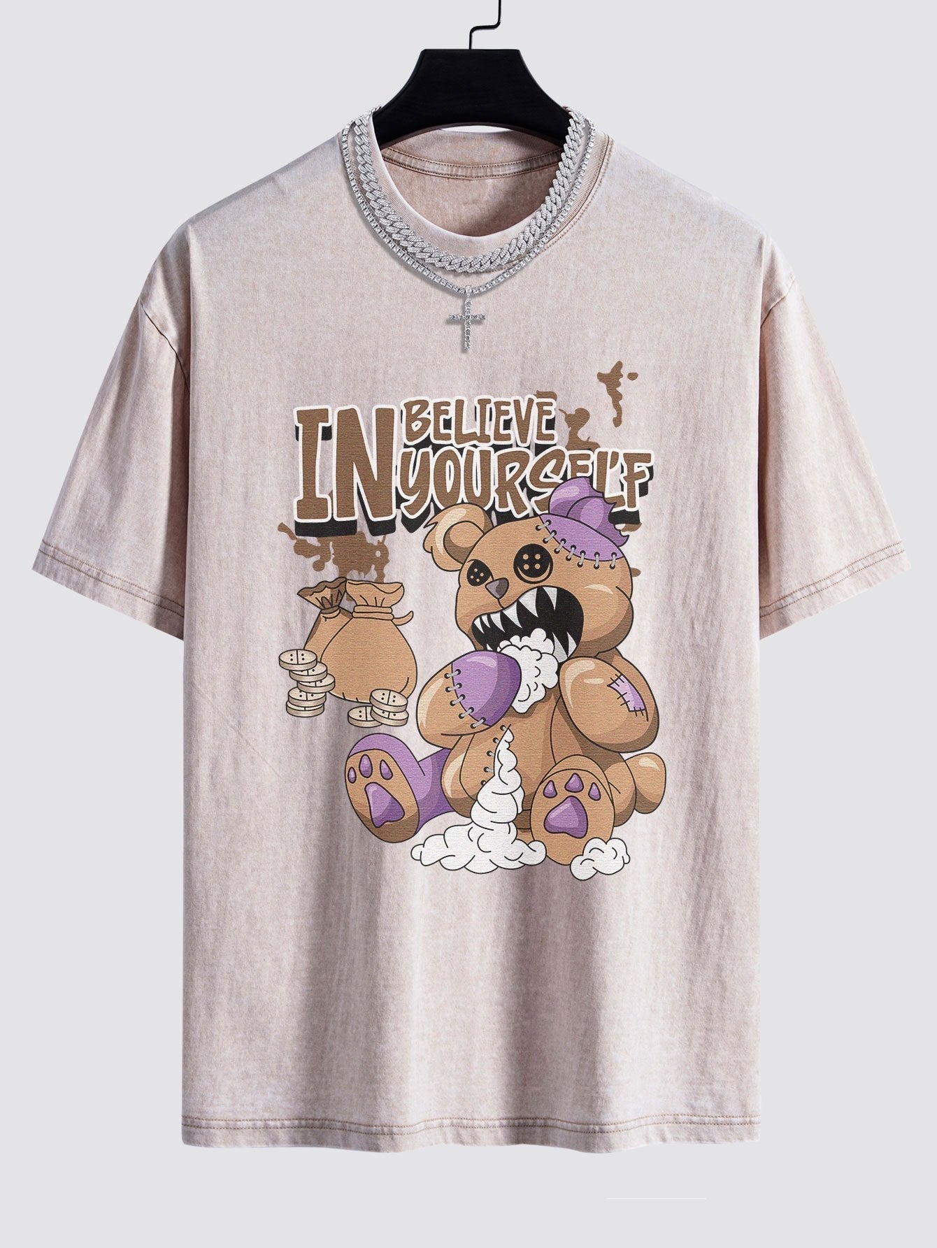 Violent Bear Slogan Print Washed Drop Shoulder Oversize T-Shirt