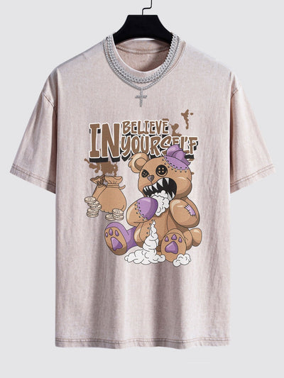 Violent Bear Slogan Print Washed Drop Shoulder Oversize T-Shirt