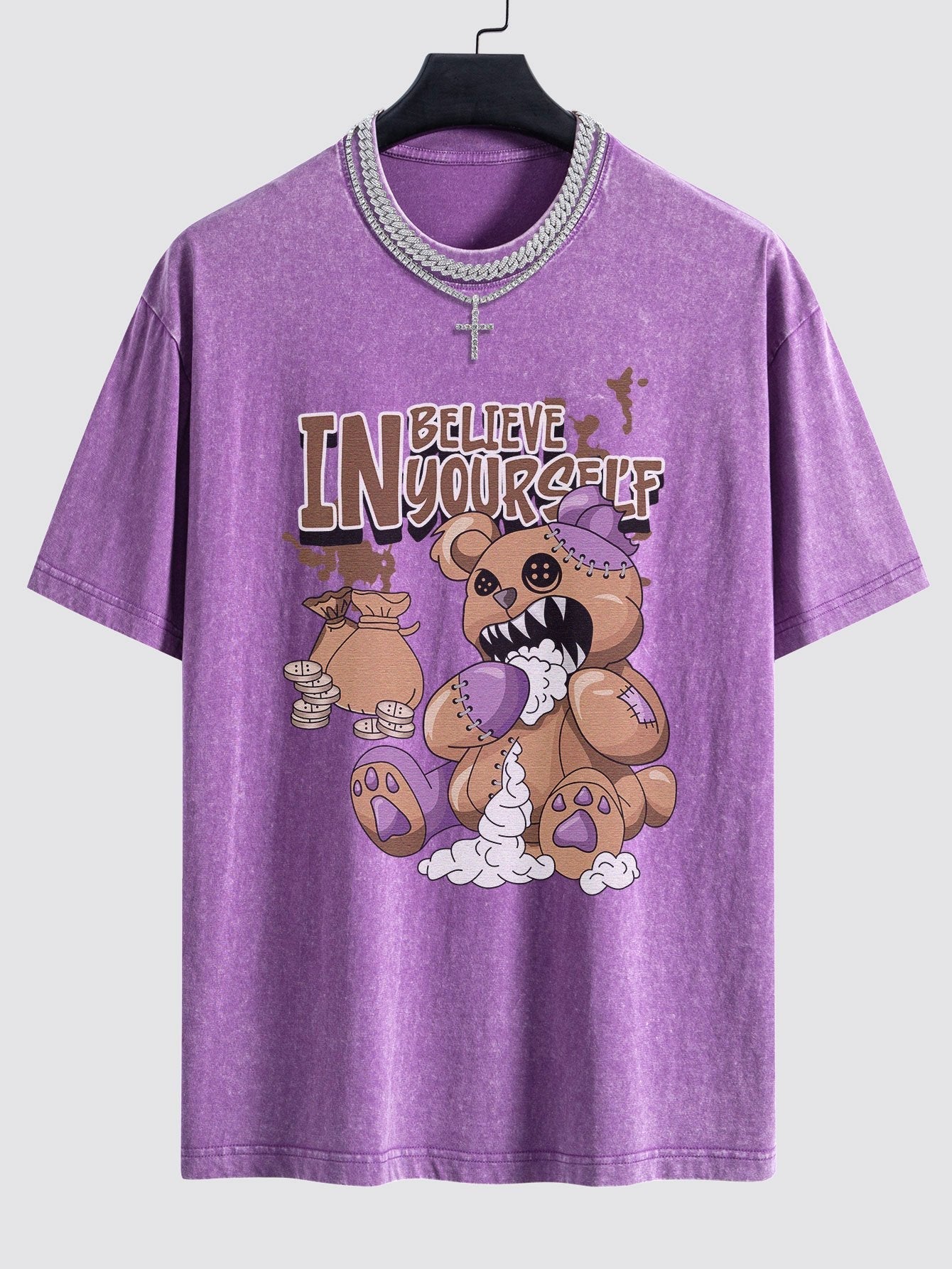 Violent Bear Slogan Print Washed Drop Shoulder Oversize T-Shirt