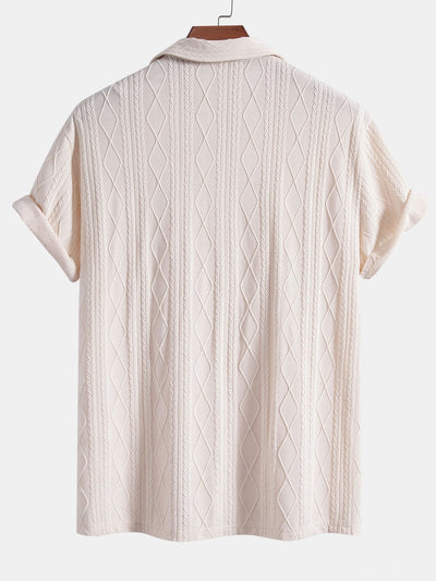 Knitted Geometric Rhombus Jacquard Cuban Shirt & Straight Leg Linen Pants